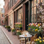 Pinterest graphic of a charming brick-lined small town street with spring flowers and cafe seating, plus text about best spring travel ideas.