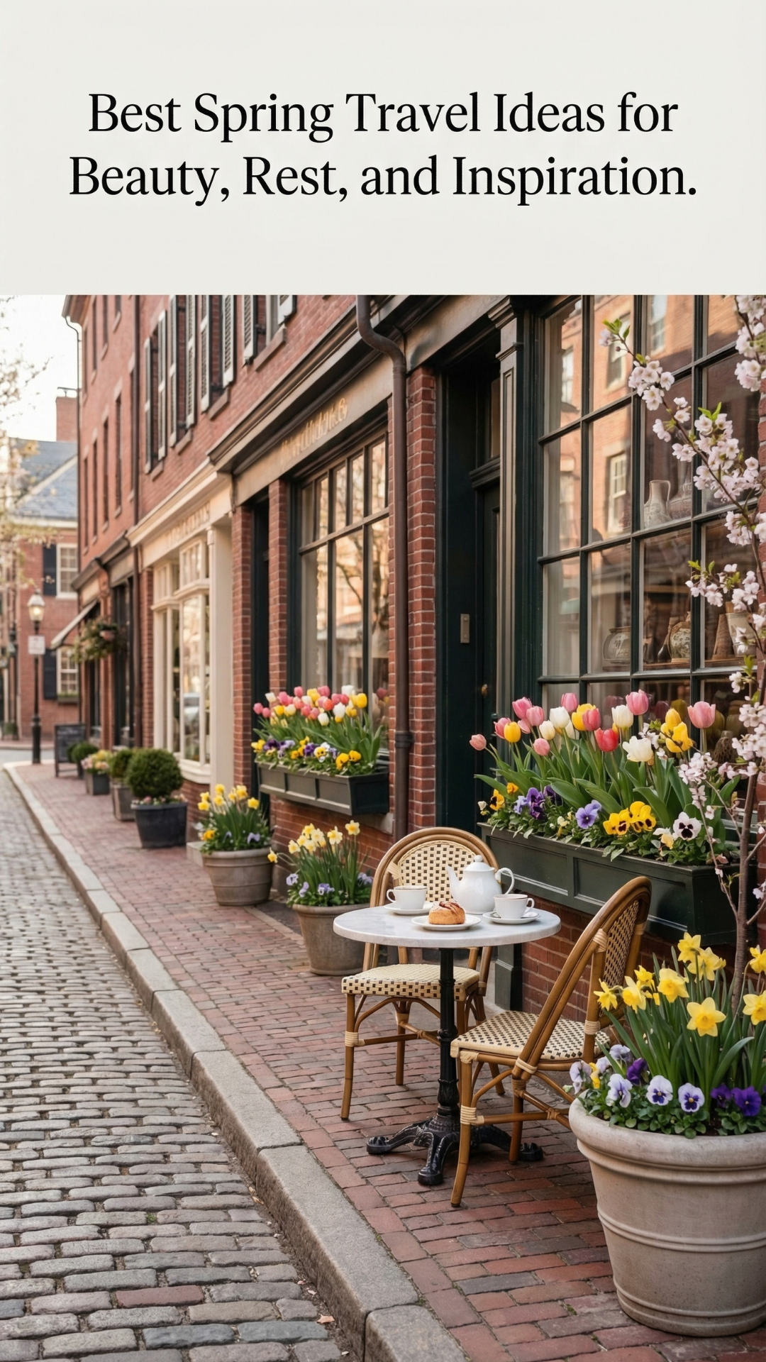 Pinterest graphic of a charming brick-lined small town street with spring flowers and cafe seating, plus text about best spring travel ideas.