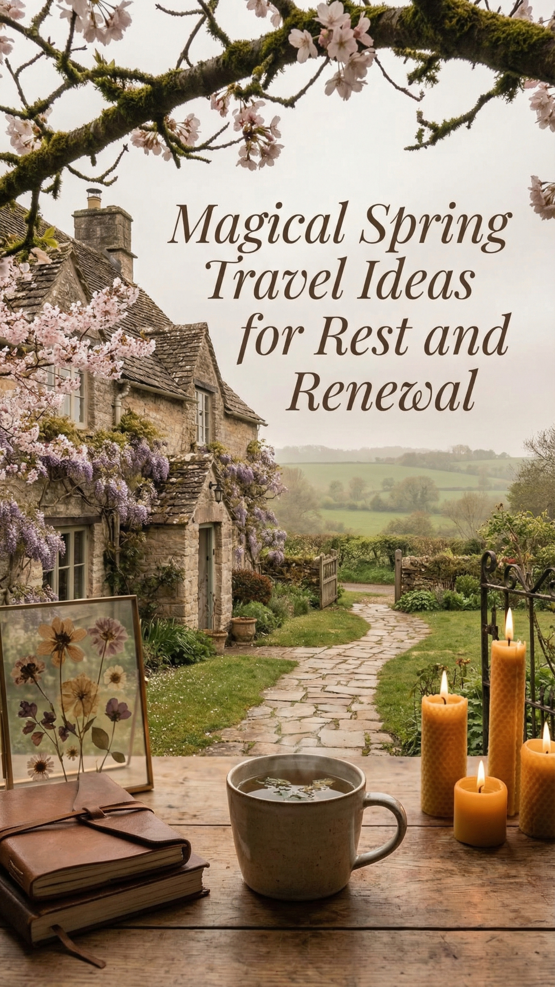 Pinterest graphic of a stone cottage with flowering vines, candles, tea, books, and a garden path with text about magical spring travel ideas.