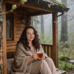 Woman sitting on the porch of a cozy cabin in a misty forest wrapped in a knit blanket and holding a warm mug.