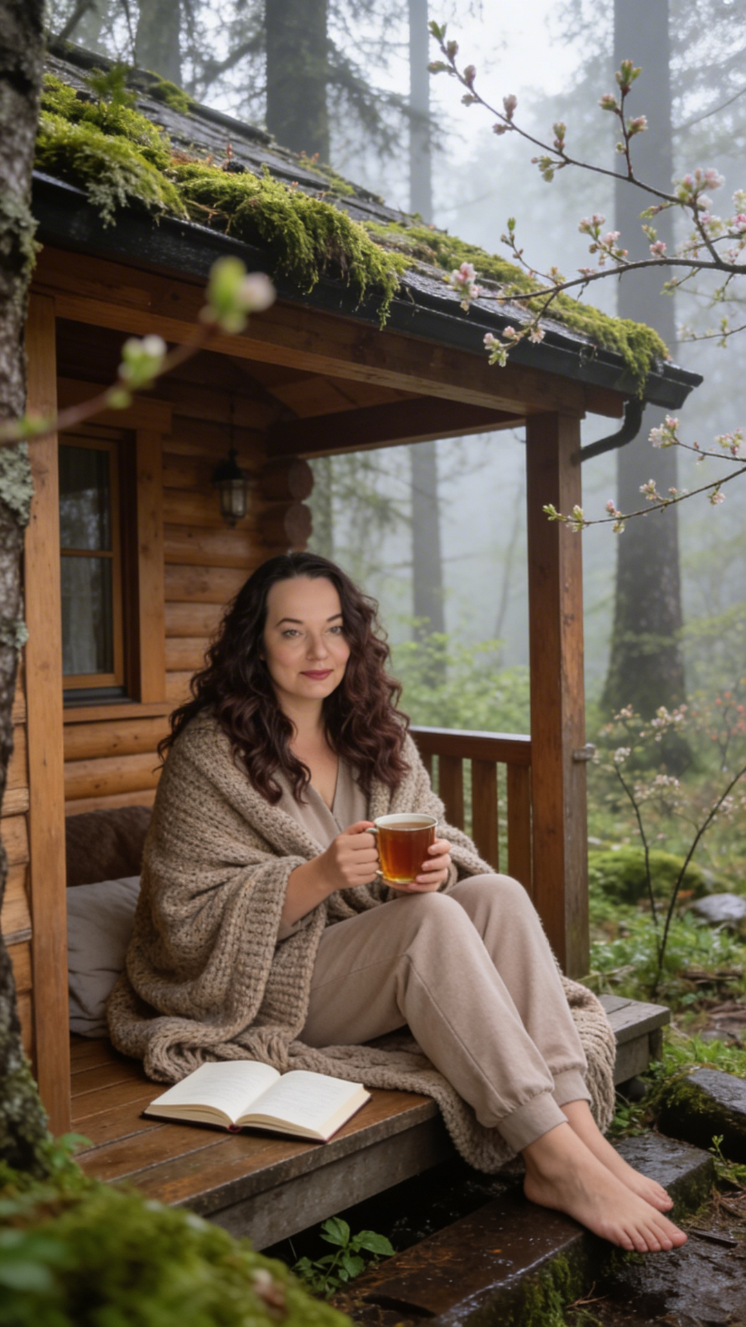 Woman sitting on the porch of a cozy cabin in a misty forest wrapped in a knit blanket and holding a warm mug.