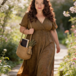 Woman walking through a blooming garden path in a flowing earthy dress carrying a woven bag with a journal and herbs.
