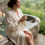 Woman in a light robe sitting beside a stone soaking tub outdoors with candles and misty green hills in the background.