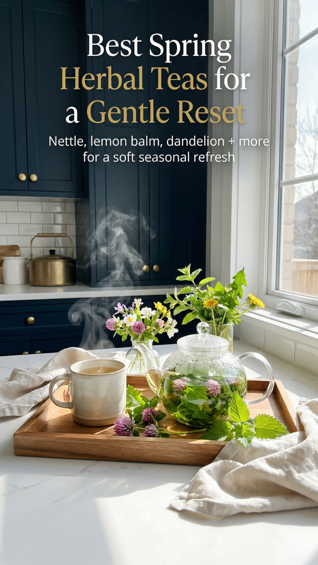 Pinterest pin with text overlay reading Best Spring Herbal Teas for a Gentle Reset above a glass teapot, steaming mug, and fresh spring herbs on a tray in a bright kitchen.