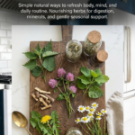 Pinterest pin with text overlay about spring herbal remedies, featuring a wooden board with fresh nettle, red clover, dandelion, chamomile, dried herbs, and a gold spoon on a white countertop.