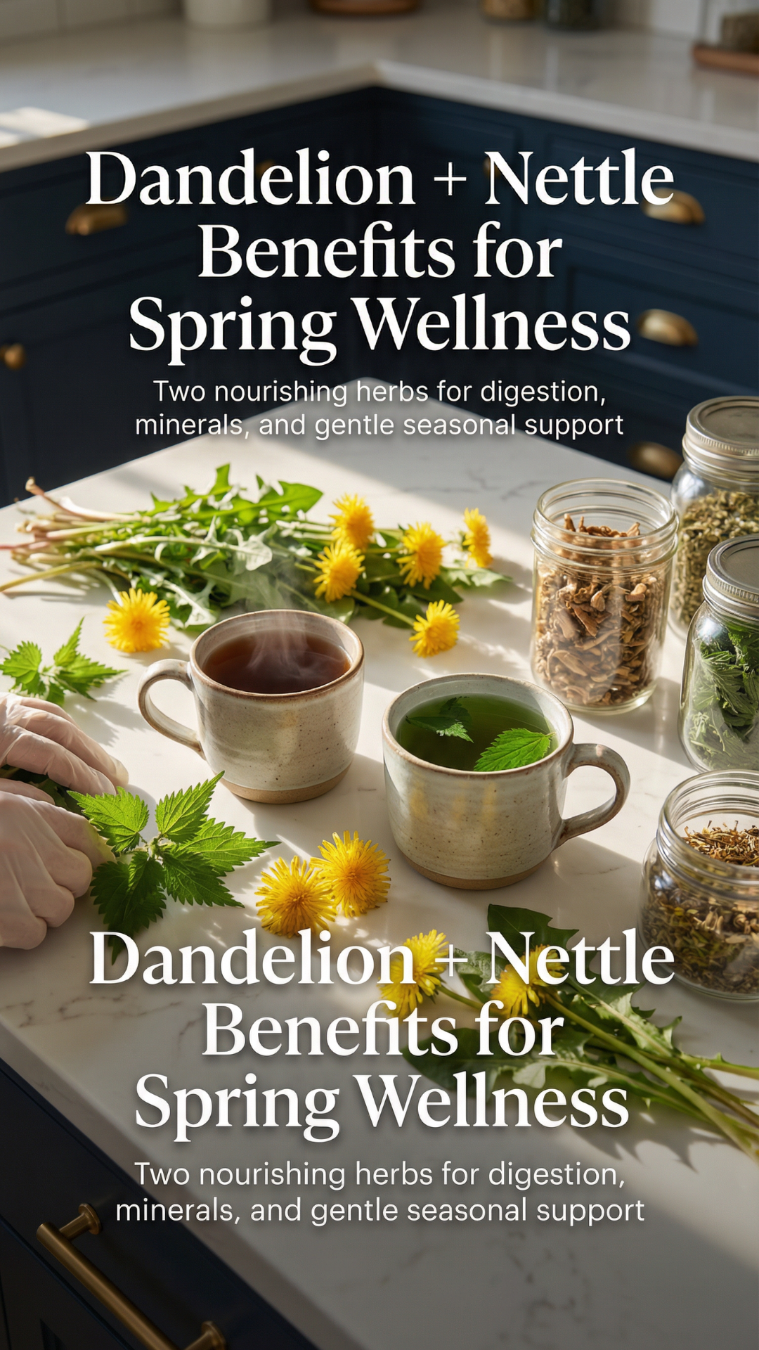 Glass teapot filled with amber herbal tea beside a bowl of dried dandelion root and fresh yellow dandelion flowers on a wooden board in a blue kitchen.
