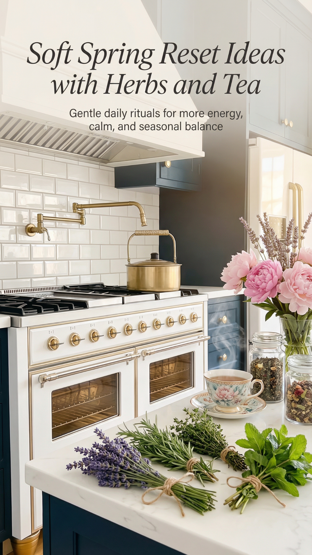 Pinterest pin showing a spring herbal remedies setup in a blue and white farmhouse kitchen with labeled jars of nettle, burdock root, cleavers, and dandelion beside a steaming mug of tea.