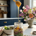 Honey drizzling into a glass jar filled with herbs and dried flowers on a white countertop with pink and purple spring flowers in the background.
