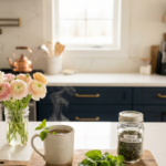 Steaming mug of tea with fresh lemon balm leaves and a labeled jar of dried lemon balm on a wooden board in a bright farmhouse kitchen.