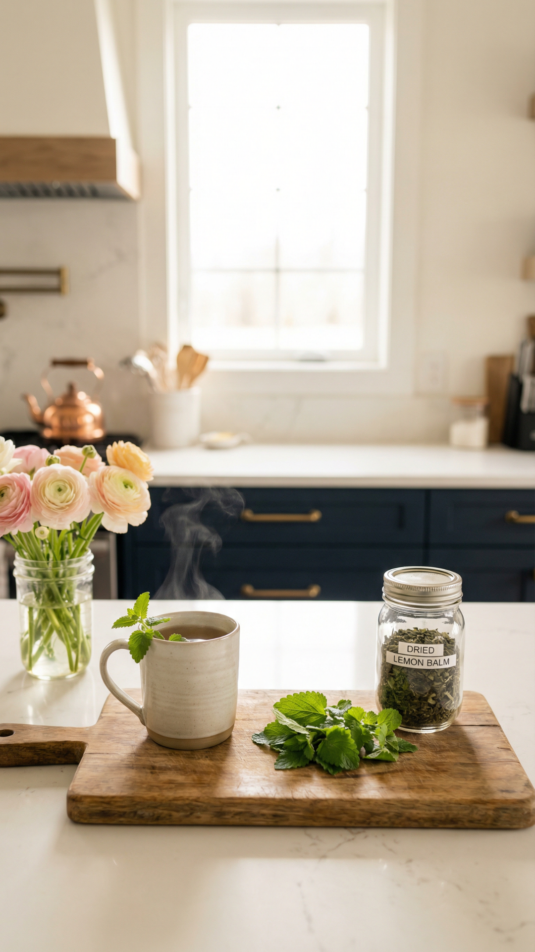 Steaming mug of tea with fresh lemon balm leaves and a labeled jar of dried lemon balm on a wooden board in a bright farmhouse kitchen.