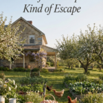 Pinterest graphic of a spring farm stay with a stone farmhouse, blooming orchard trees, garden beds, chickens, and a rustic table with bread, eggs, and herbs.