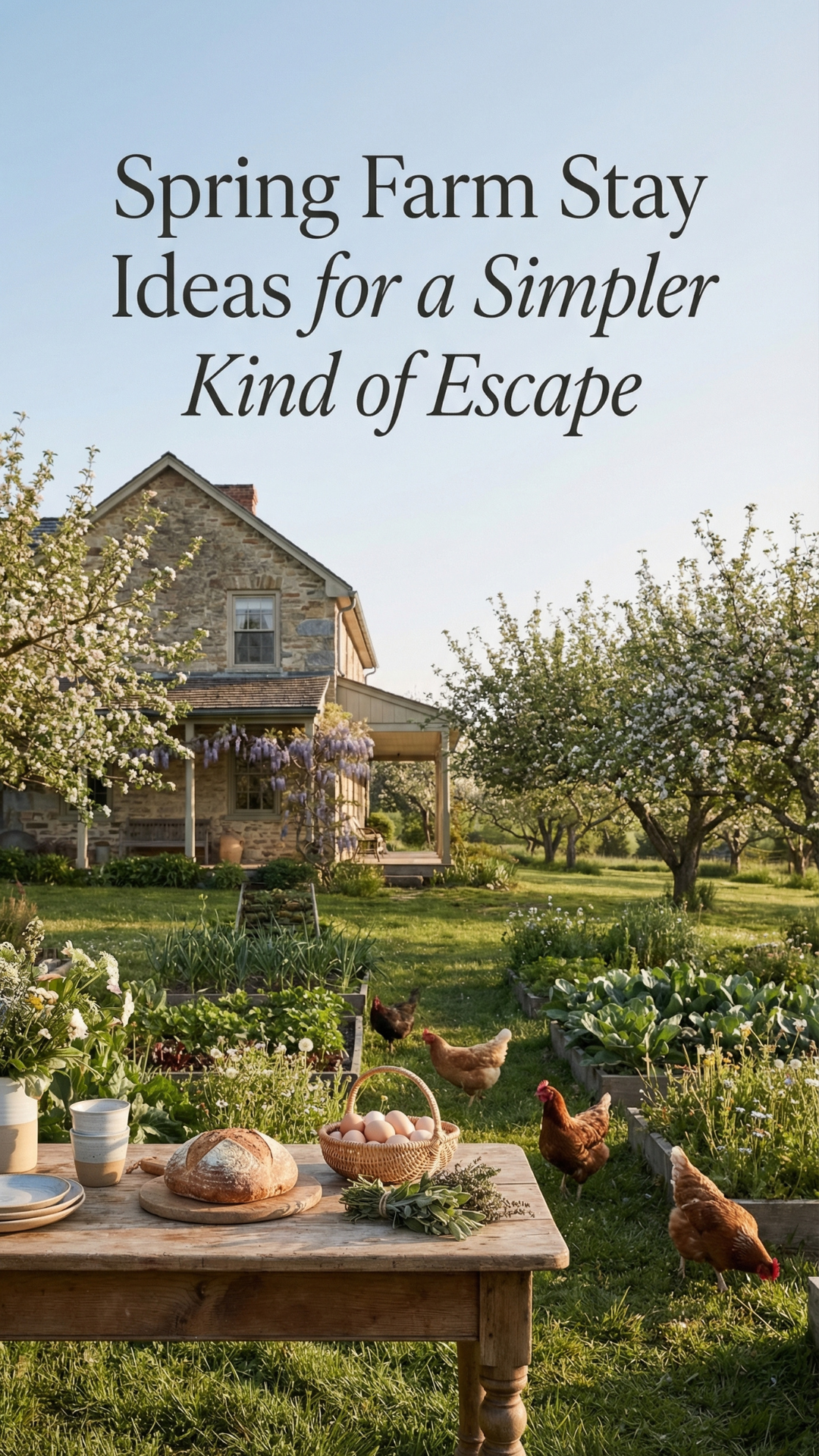 Pinterest graphic of a spring farm stay with a stone farmhouse, blooming orchard trees, garden beds, chickens, and a rustic table with bread, eggs, and herbs.