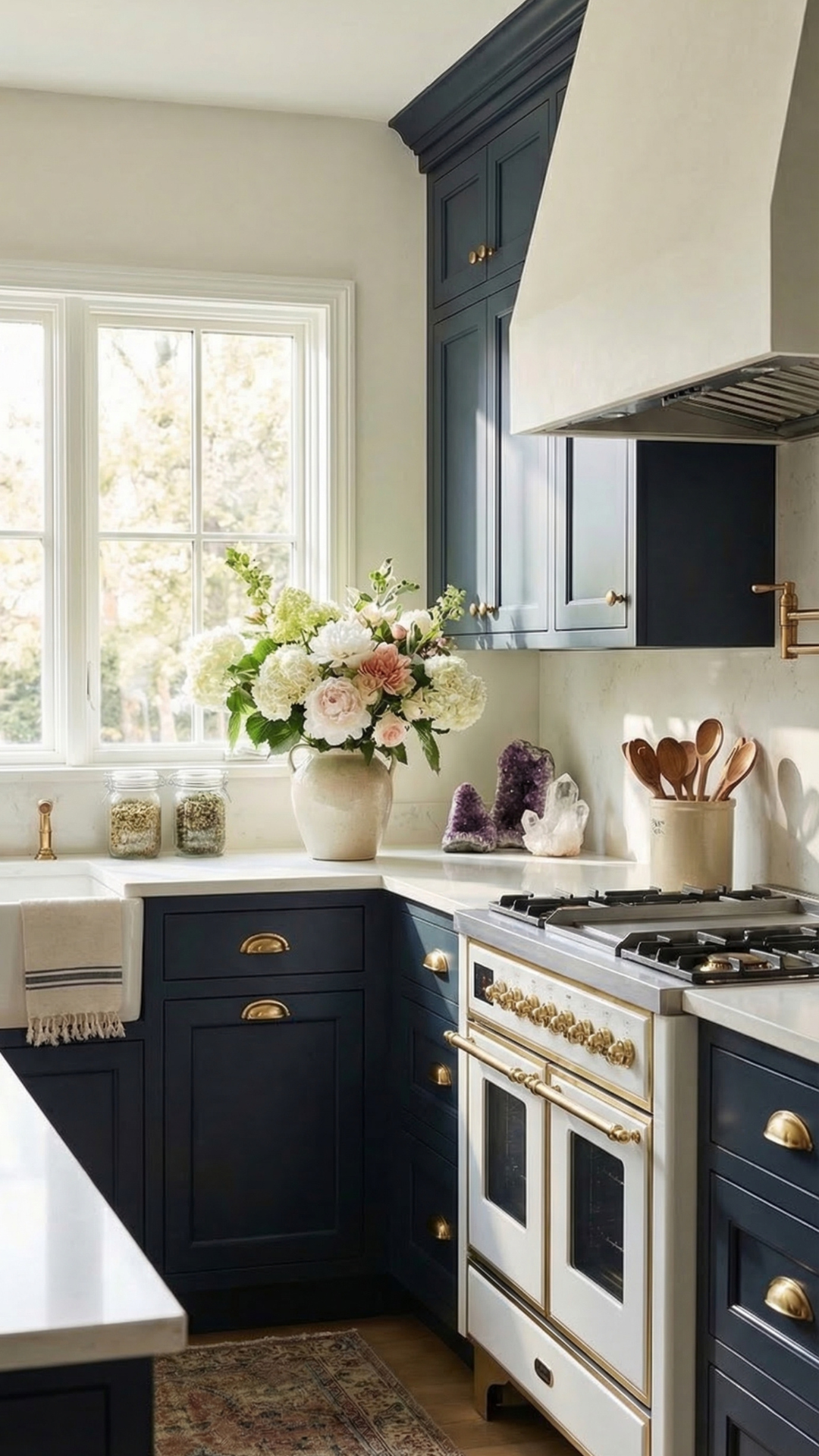 Rustic kitchen wall with hanging bundles of herbs and shelves filled with glass jars of dried herbs in a cottage witch kitchen.