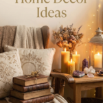 Cozy witchy home decor with candles, crystals, books, dried flowers, and soft textiles styled on a side table next to a chair.