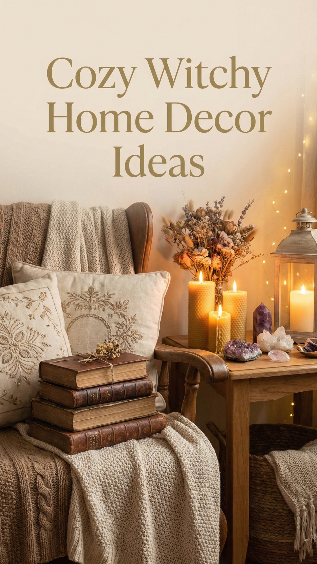 Cozy witchy home decor with candles, crystals, books, dried flowers, and soft textiles styled on a side table next to a chair.
