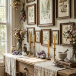 Spring witchy home decor with candles, crystals, botanical artwork, and fresh flowers arranged on a wooden table.