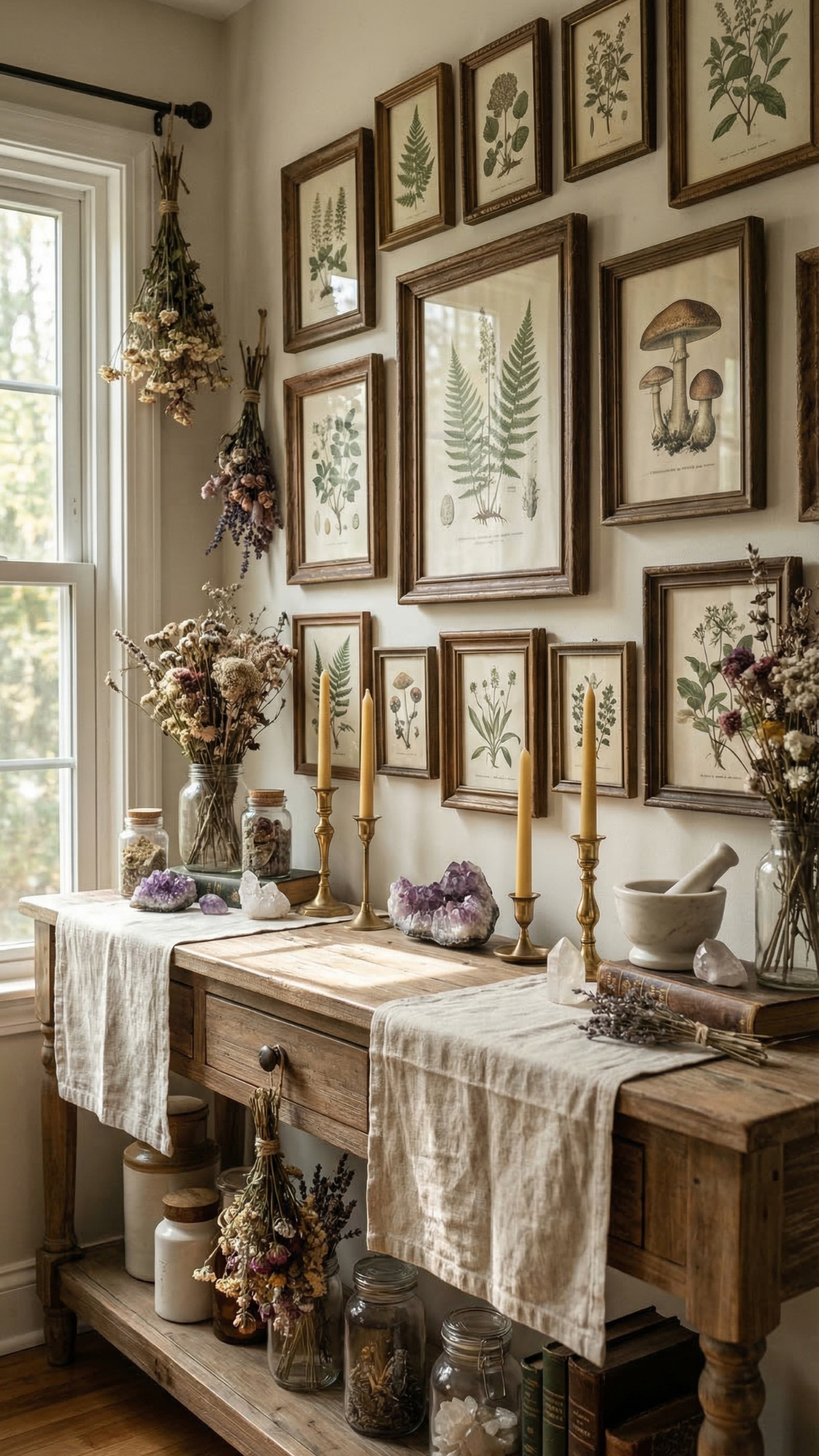 Spring witchy home decor with candles, crystals, botanical artwork, and fresh flowers arranged on a wooden table.