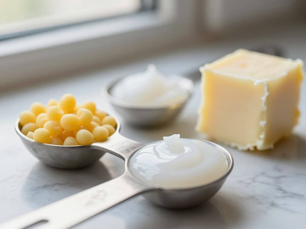 Close-up of beeswax pellets, coconut oil, and shea butter in measuring spoons