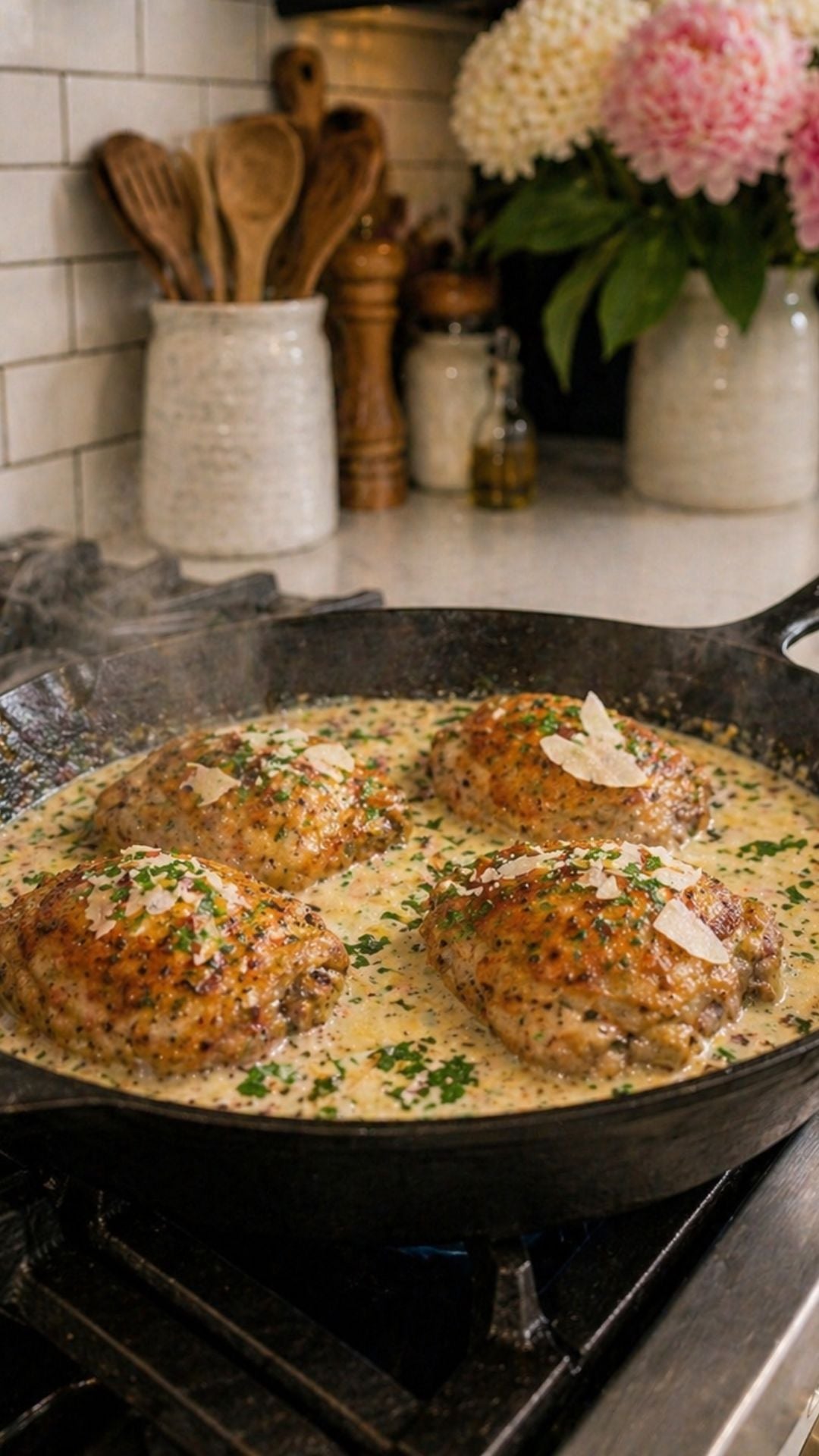 four seared chicken thighs nestled into creamy garlic parmesan sauce in a cast iron skillet with sauce spooned over top — keto high protein dinner