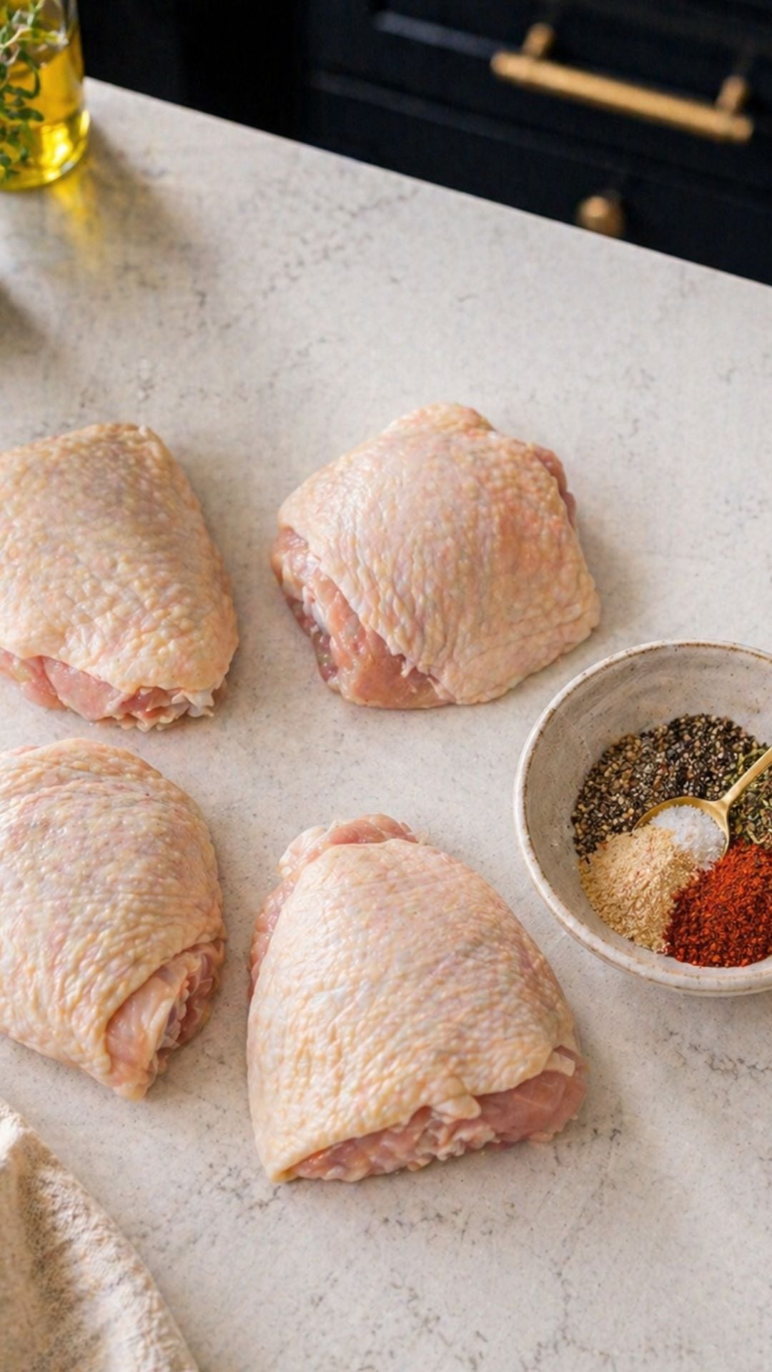four raw chicken thighs on white quartz countertop beside a small bowl of smoked paprika and Italian seasoning — keto chicken skillet recipe