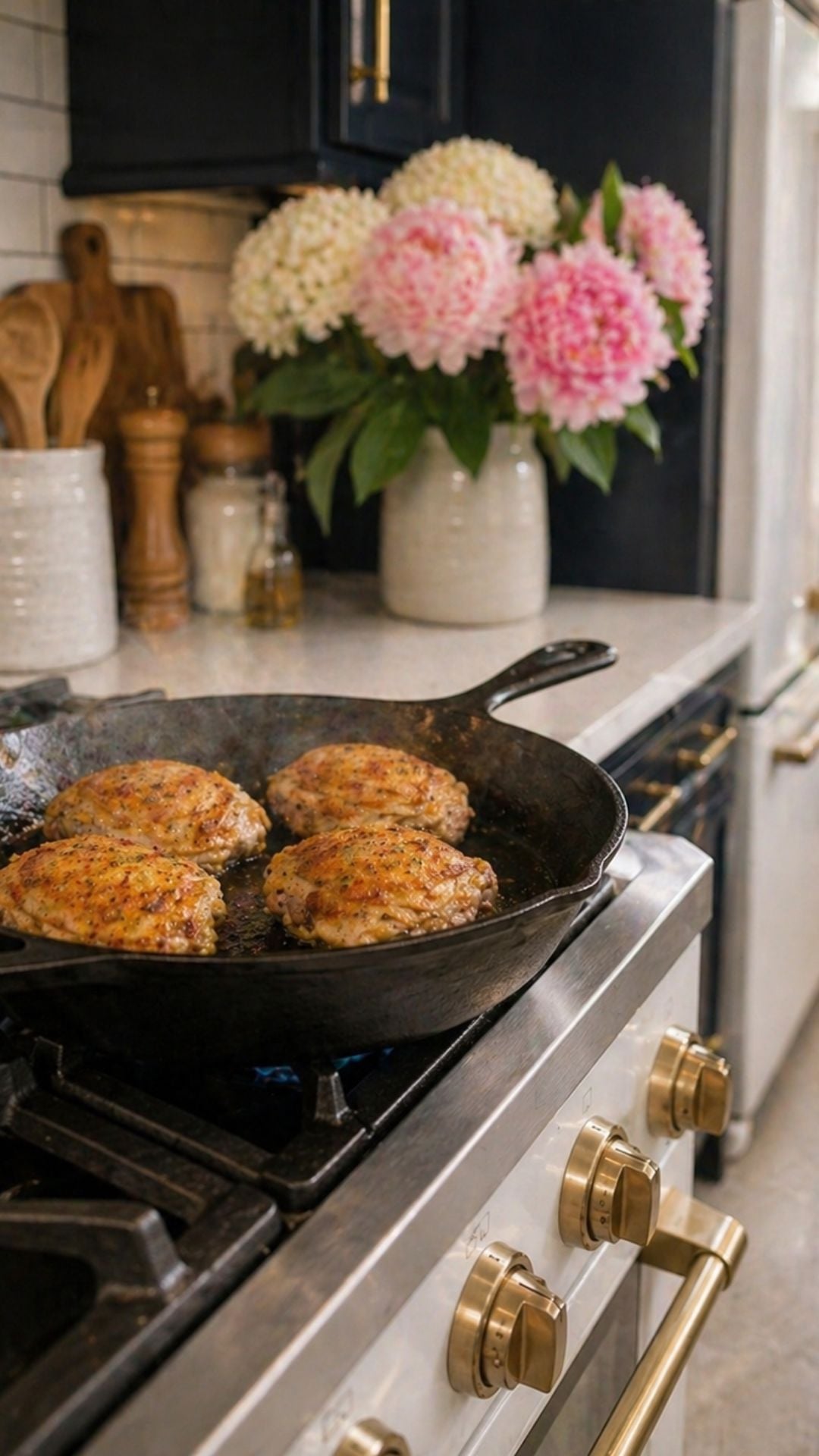 wo chicken thighs searing skin side down in a hot cast iron skillet with shimmering oil — high protein low carb chicken dinner