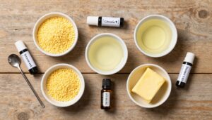 25 Gift Ideas For Foodies 7 DIY lip balm recipes with natural ingredients arranged on wooden table