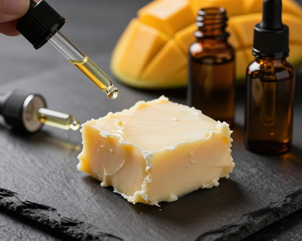 Healing lip balm ingredients including mango butter and vitamin E