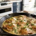 creamy parmesan chicken in an iron skillet in a beautiful kitchen
