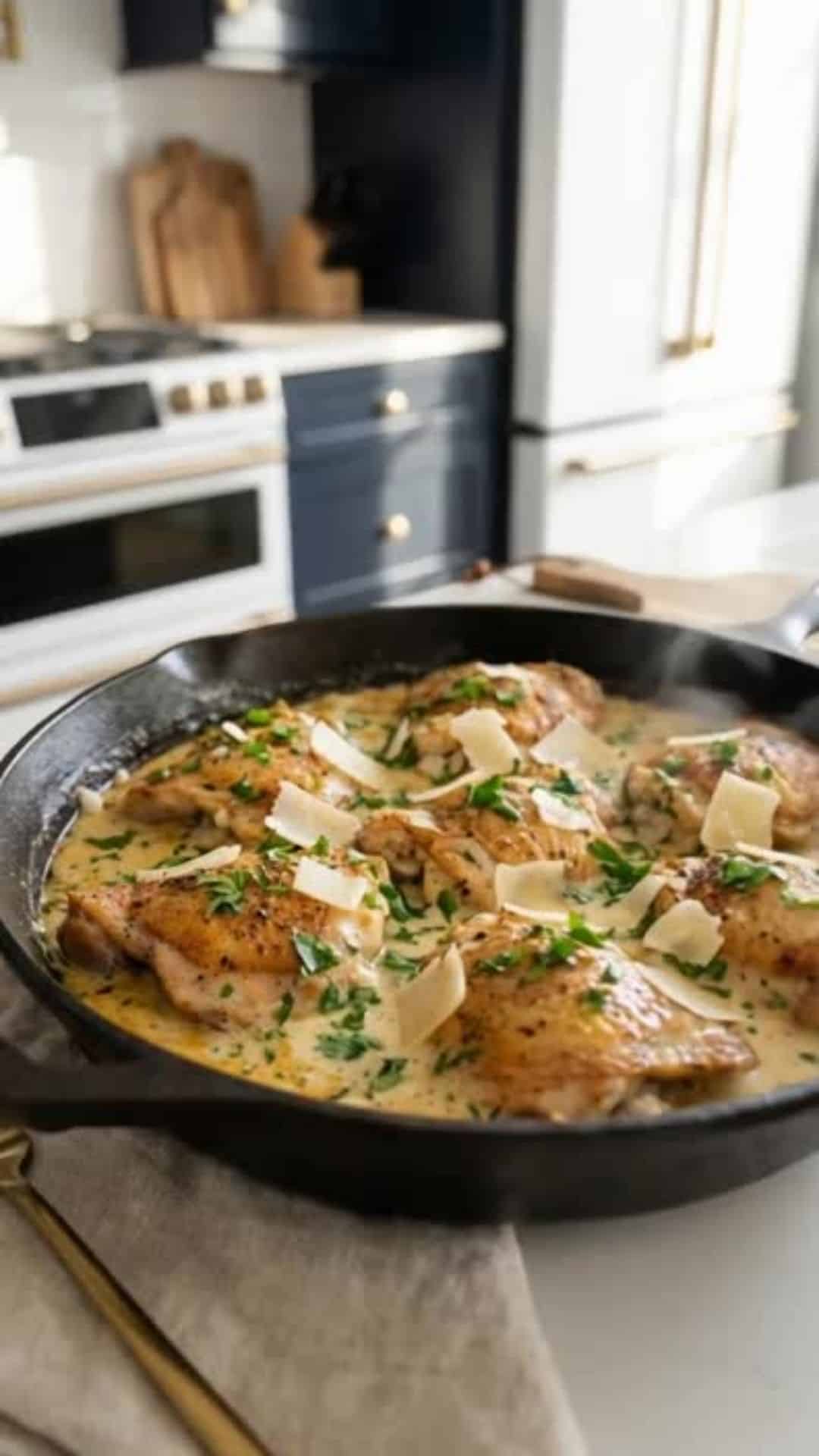 creamy parmesan chicken in an iron skillet in a beautiful kitchen