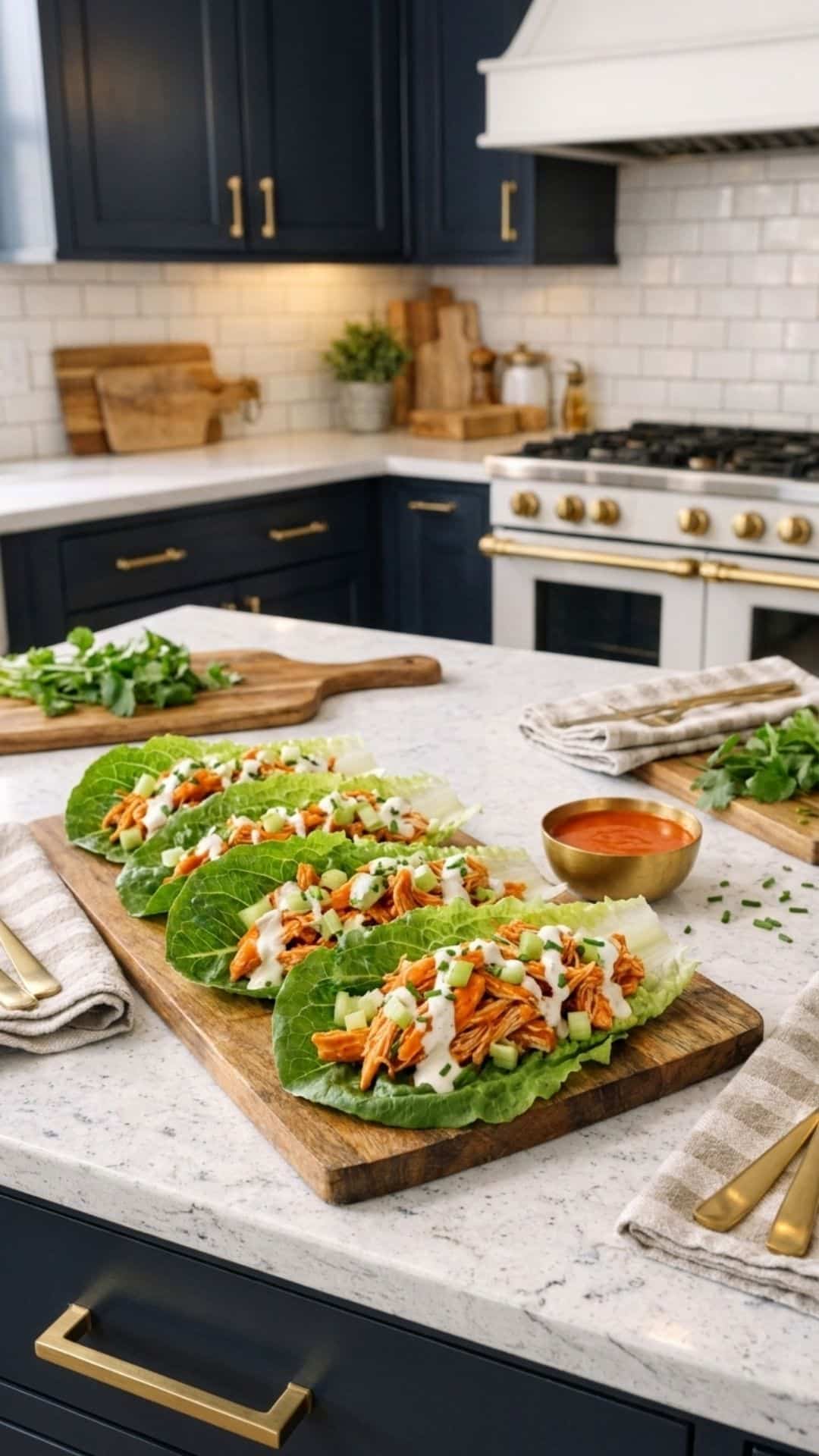 low carb buffalo chicken wraps - romaine lettuce is the wrap in a beautiful kitchen