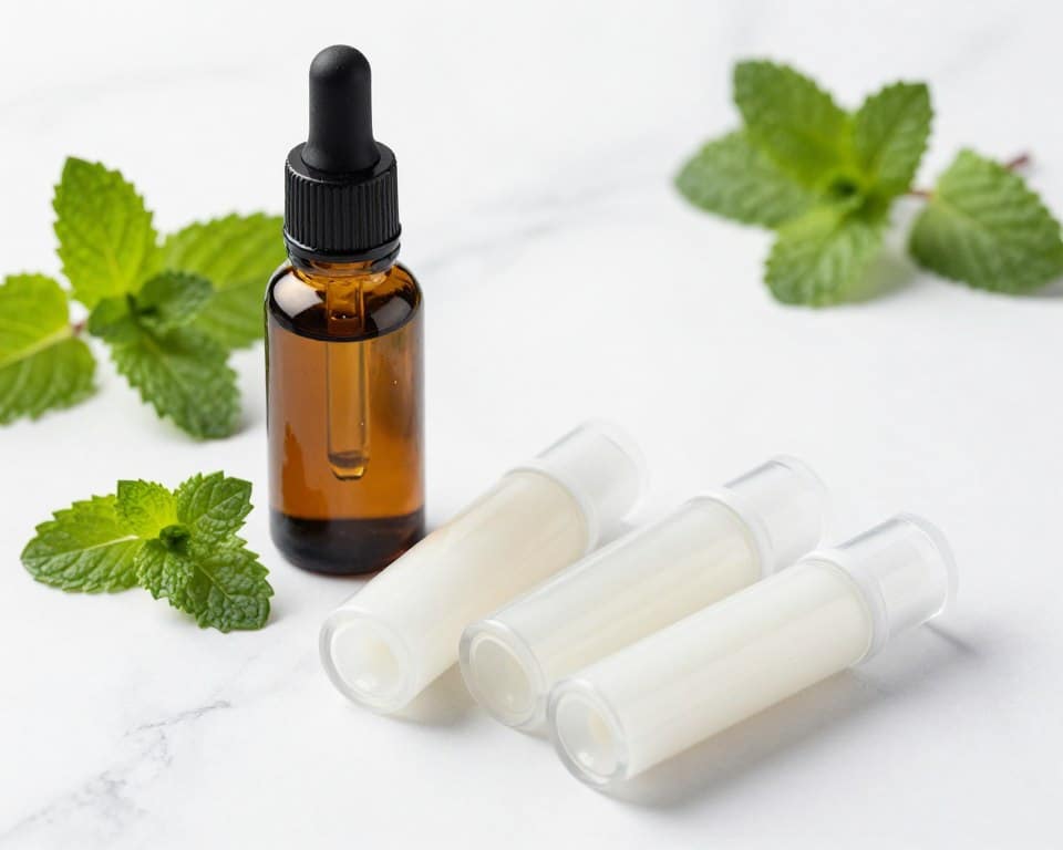 Peppermint essential oil bottle next to finished peppermint lip balm tubes