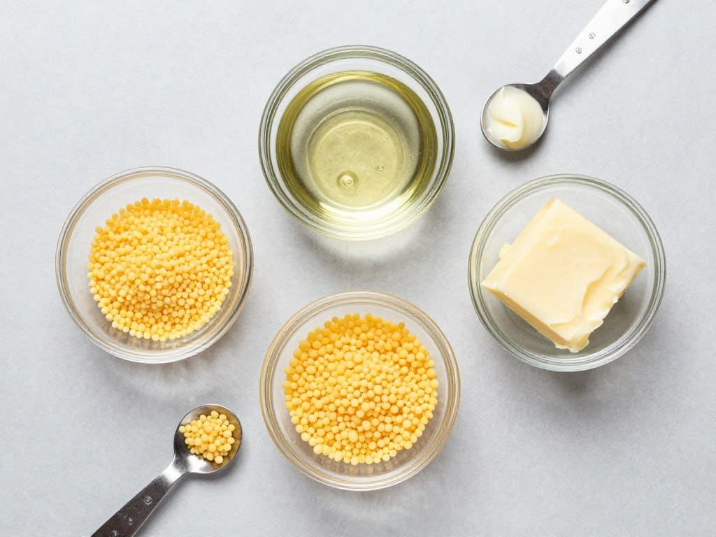 Three ingredients for basic lip balm recipe measured and ready