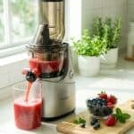 cold pressed juicer sitting on a white quartz counter with fruits sitting beside it and plants in the background