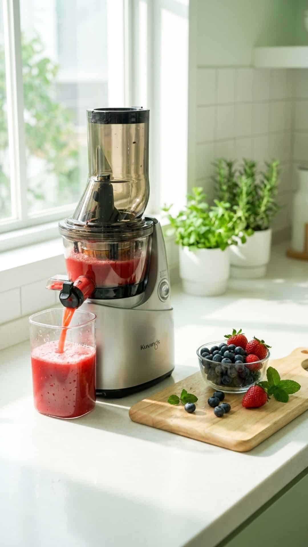 cold pressed juicer sitting on a white quartz counter with fruits sitting beside it and plants in the background