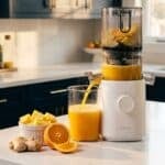 Nama cold pressed juicer sitting on a white quartz counter with dark blue cupboards with gold hardware in the background. A mix of fruit sits on the counter beside it.