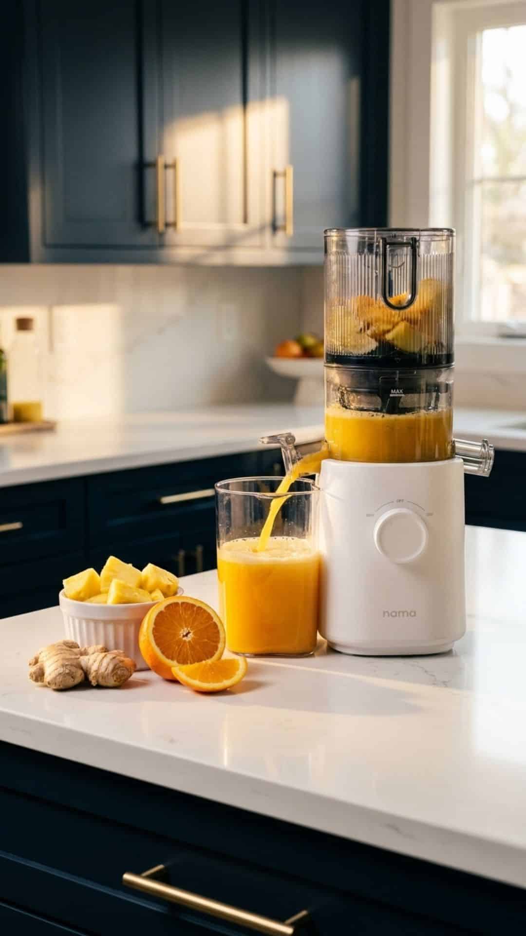 Nama cold pressed juicer sitting on a white quartz counter with dark blue cupboards with gold hardware in the background. A mix of fruit sits on the counter beside it.