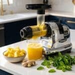 Omega cold pressed juicer sitting on a white quartz counter with dark blue cupboards with gold hardware in the background. A mix of fruit sits on the counter beside it.