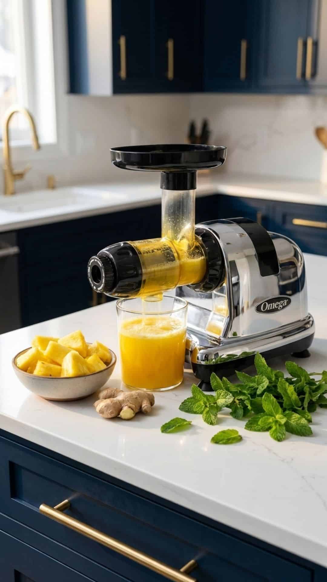 Omega cold pressed juicer sitting on a white quartz counter with dark blue cupboards with gold hardware in the background. A mix of fruit sits on the counter beside it.