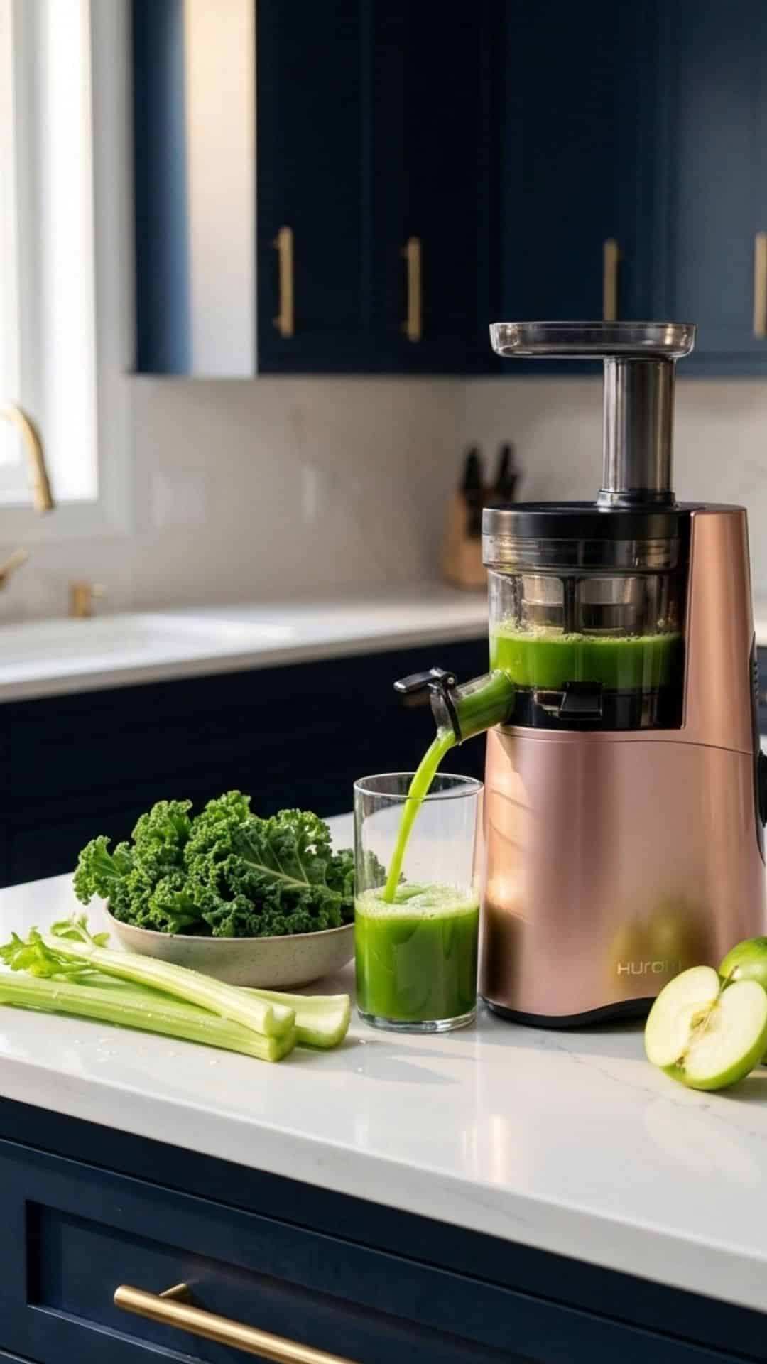 Hurom cold pressed juicer sitting on a white quartz counter with dark blue cupboards with gold hardware in the background. A mix of fruit sits on the counter beside it.