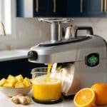 cold pressed juicer sitting on a white quartz counter with dark blue cupboards with gold hardware in the background. A mix of fruit sits on the counter beside it.
