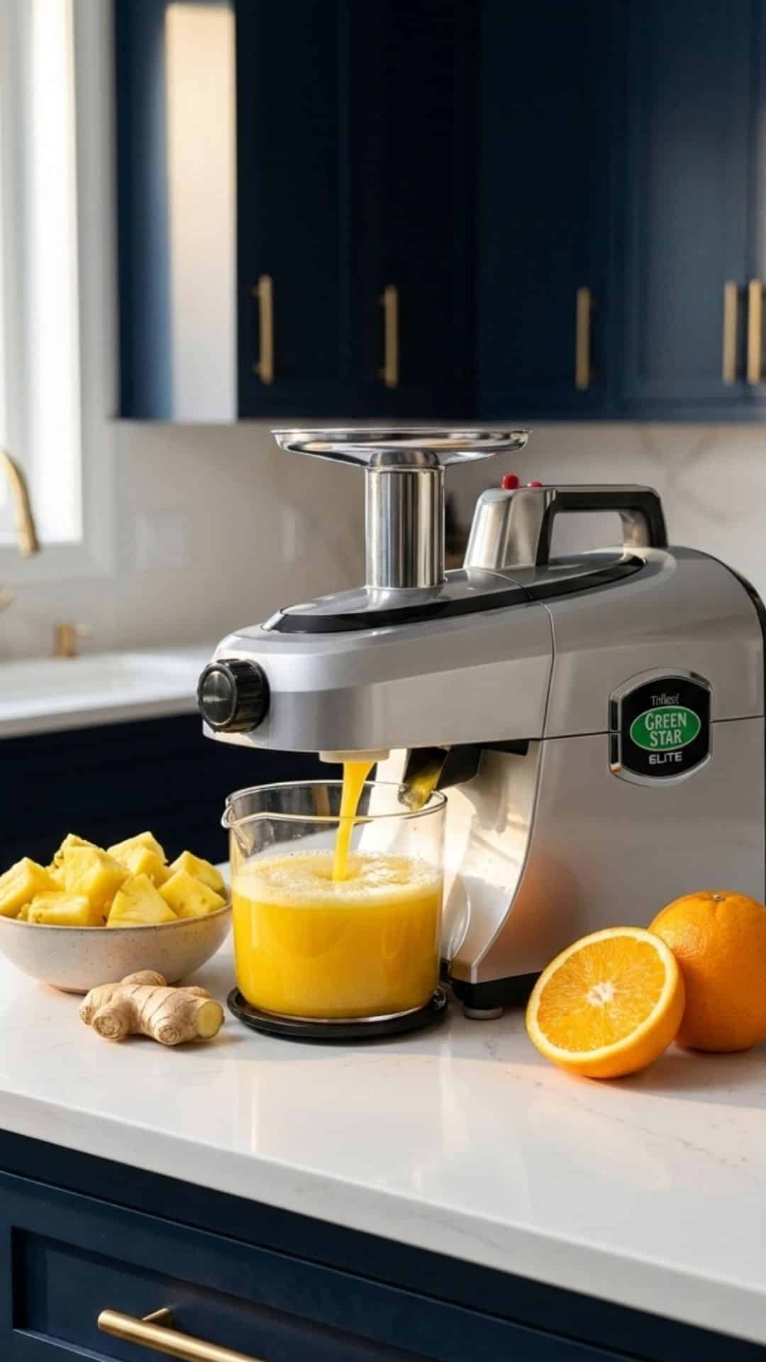 cold pressed juicer sitting on a white quartz counter with dark blue cupboards with gold hardware in the background. A mix of fruit sits on the counter beside it.