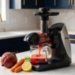 Ninja cold pressed juicer sitting on a white quartz counter with dark blue cupboards with gold hardware in the background. A mix of fruit sits on the counter beside it.
