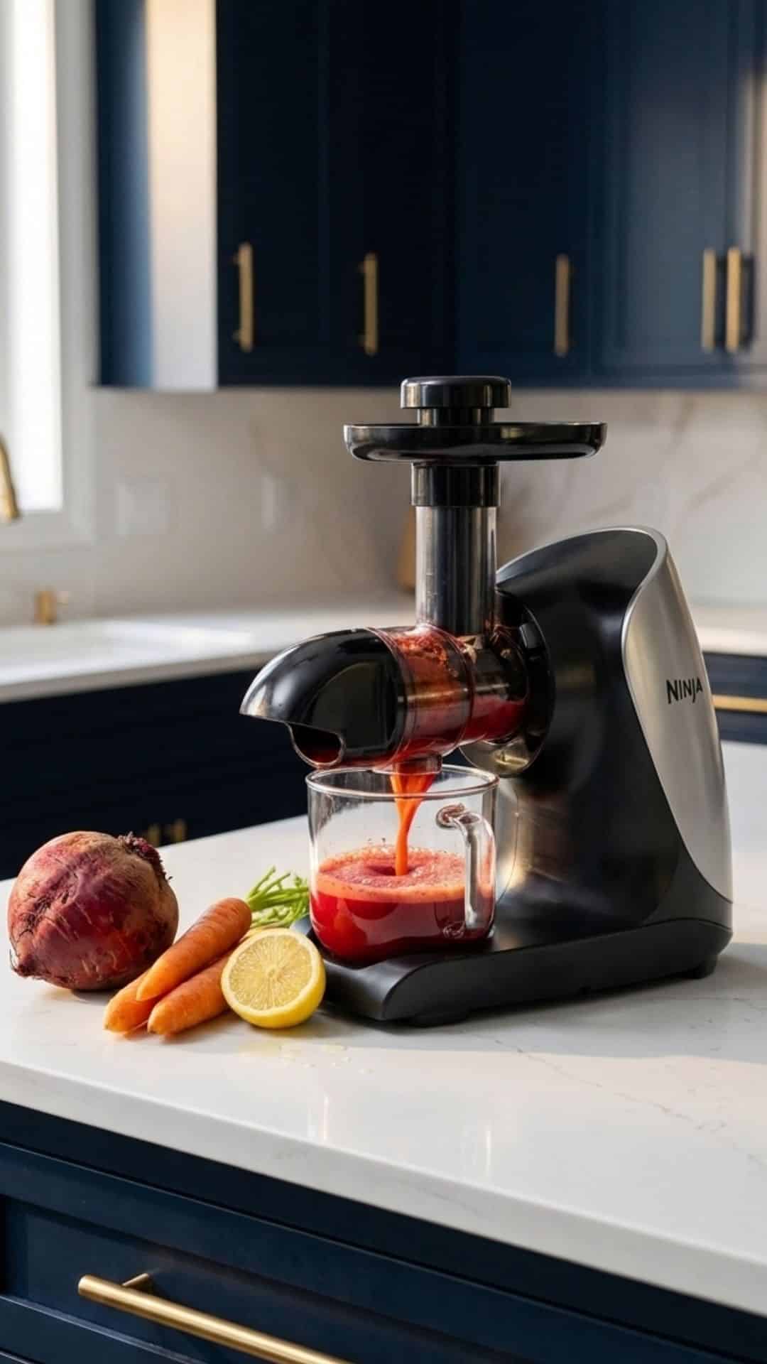 Ninja cold pressed juicer sitting on a white quartz counter with dark blue cupboards with gold hardware in the background. A mix of fruit sits on the counter beside it.