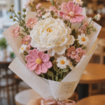 Handmade crochet flower bouquet featuring white peony, pink cosmos, and chamomile flowers made from yarn, wrapped in white tissue paper and tied with a blush ribbon