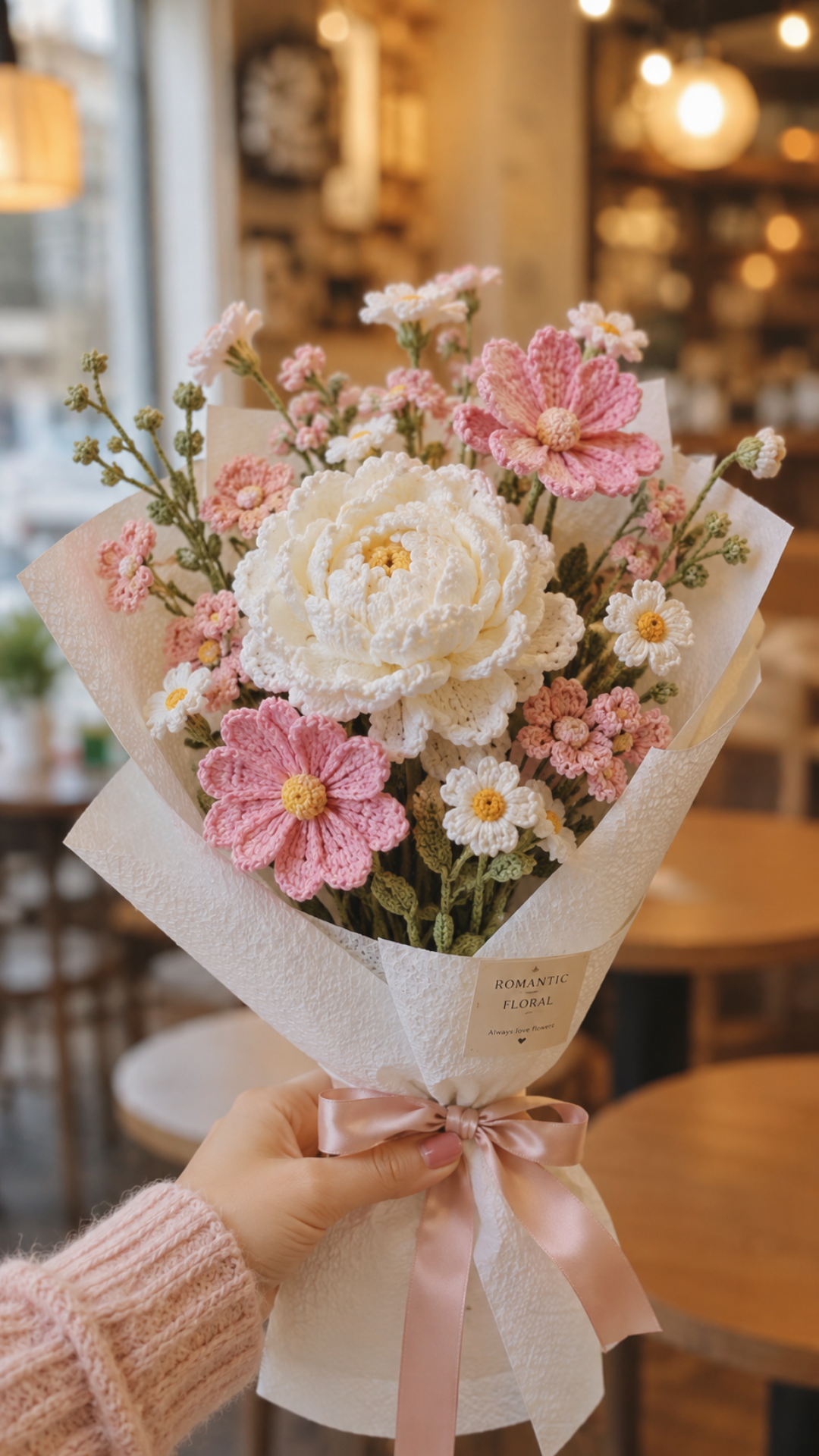Handmade crochet flower bouquet featuring white peony, pink cosmos, and chamomile flowers made from yarn, wrapped in white tissue paper and tied with a blush ribbon