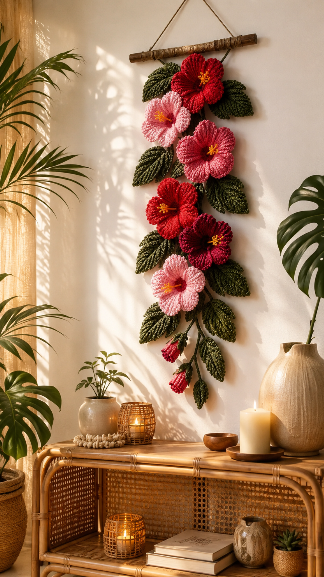Crocheted hibiscus tapestry wall hanging with large red and pink yarn flowers and green leaves mounted on a white wall above a rattan shelf with tropical plants and candles in warm golden afternoon light