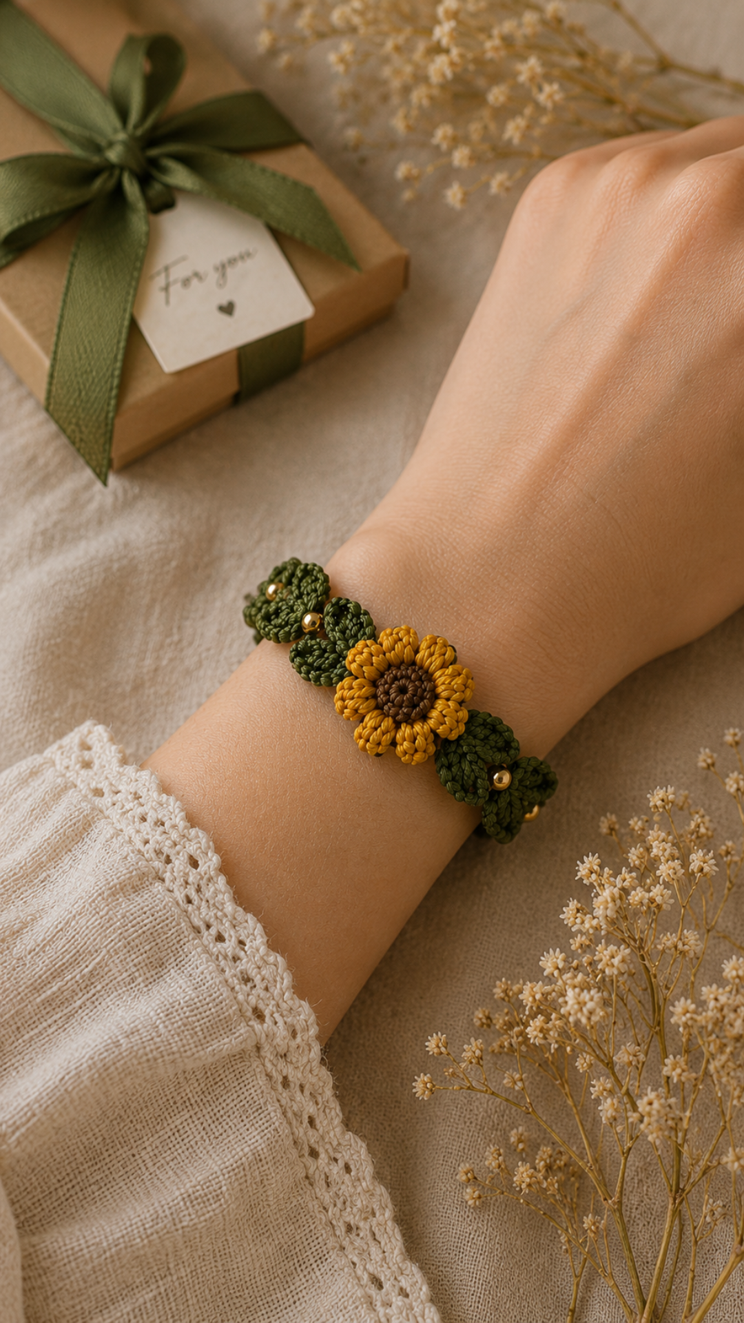 Close-up of a crocheted sunflower bracelet in yellow and brown yarn worn on a wrist resting on beige linen beside a kraft paper gift box with a green ribbon and dried flowers