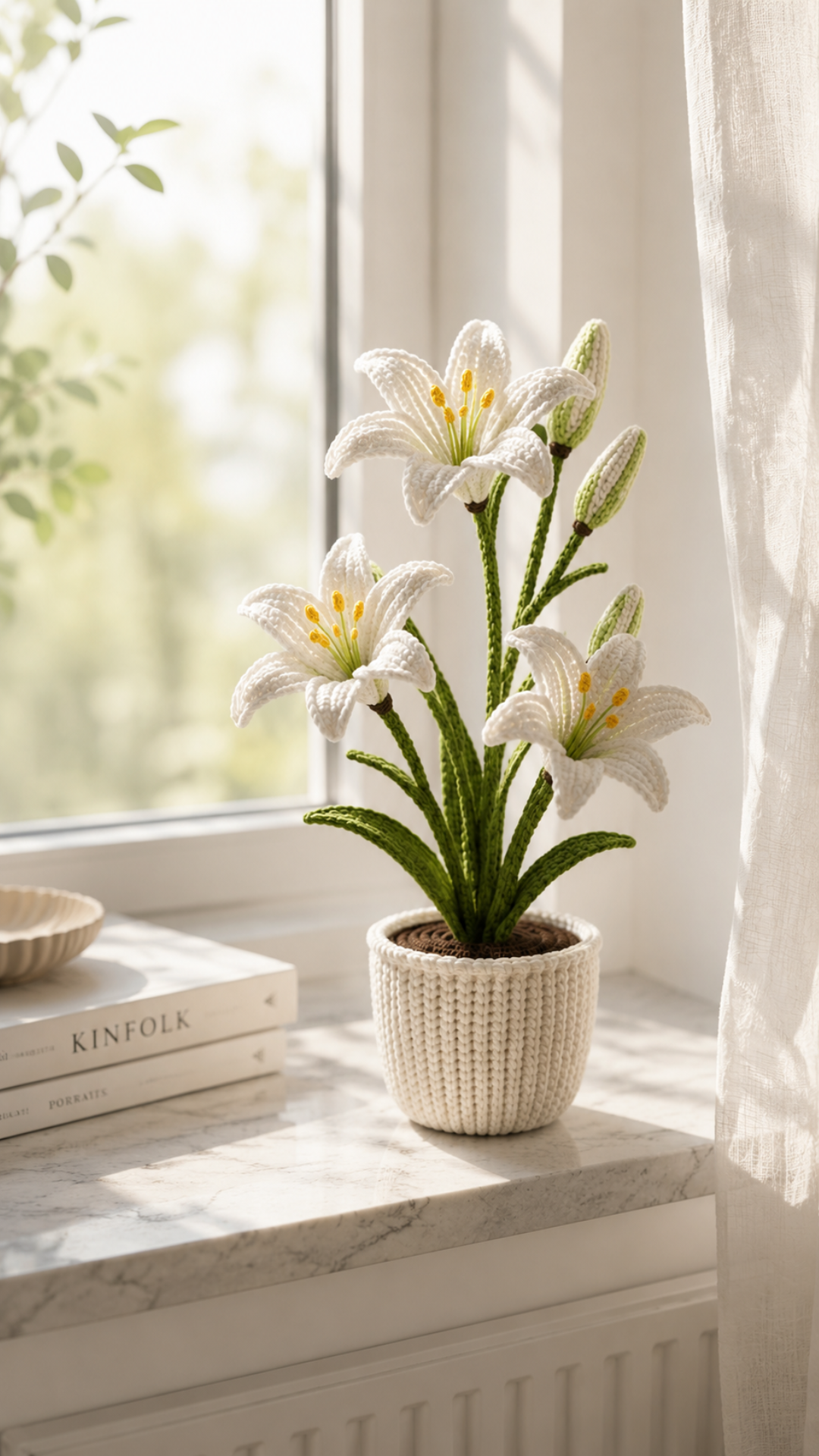 Crocheted white lily plant with tall green stems yellow stamens and matching crochet pot displayed on a marble windowsill with sheer curtains and soft morning sunlight