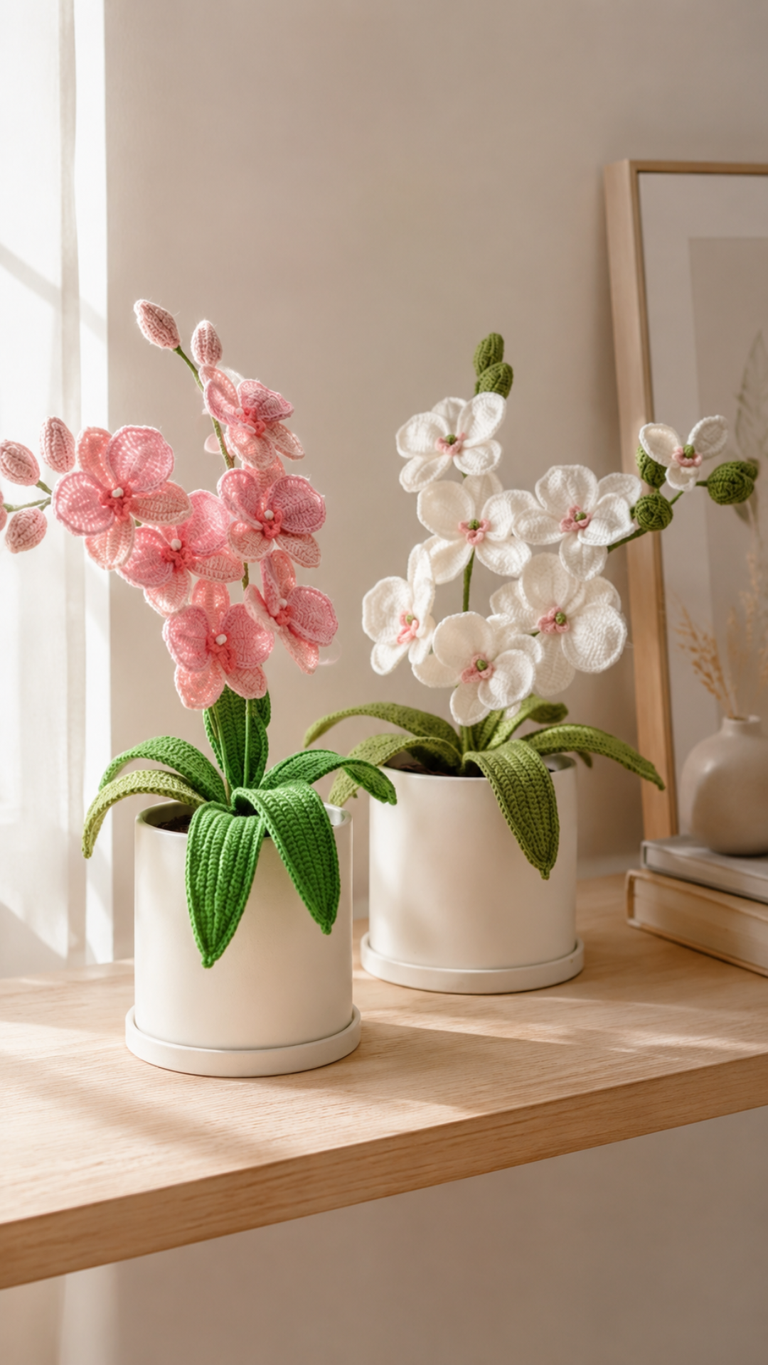 Two crocheted orchid plants — one pink and one white — in white ceramic pots on a light wood shelf with soft natural window light in a minimal Scandinavian interior setting