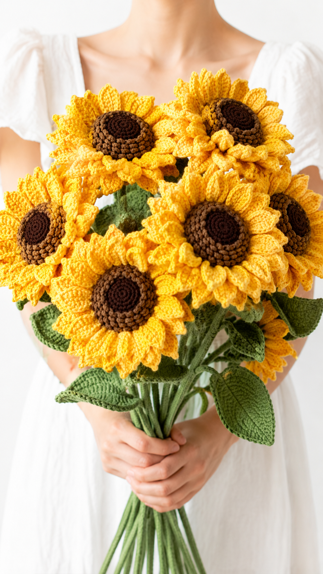 Woman in a white dress holding a large bouquet of oversized crocheted sunflowers with textured yellow petals and dark brown centers against a clean white background